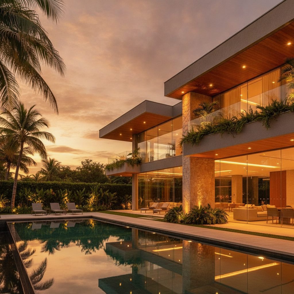 Casa de alto padrão ao entardecer no Litoral Sul de Pernambuco